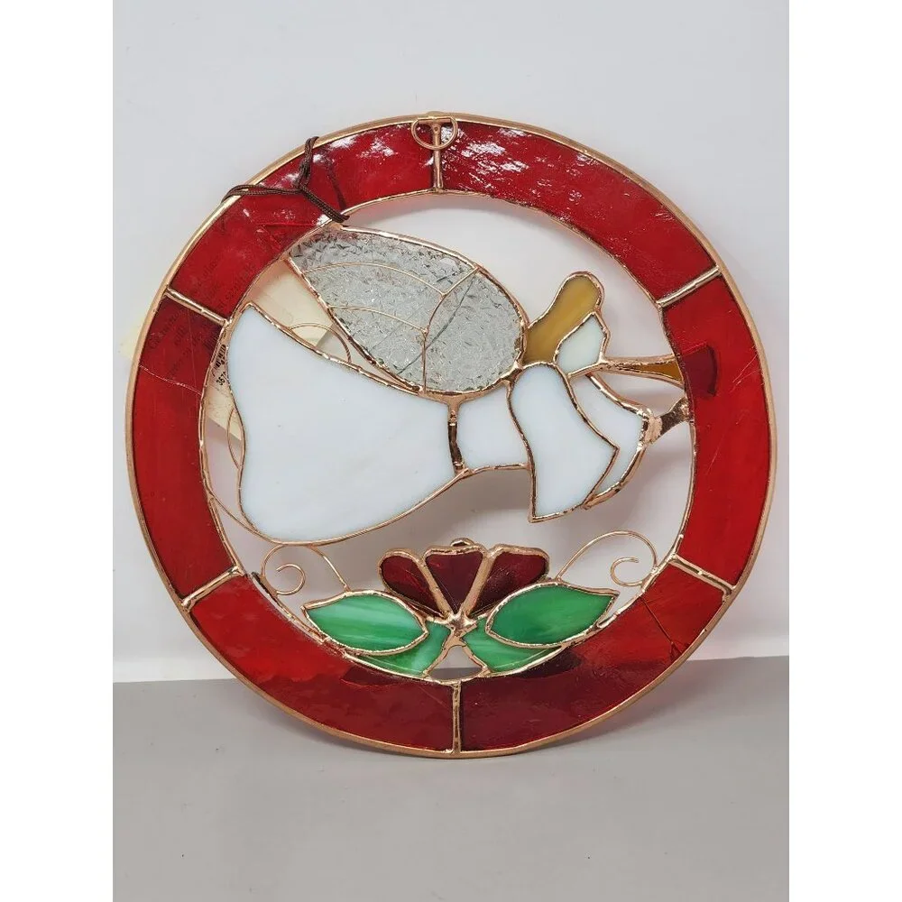Vintage Christmas/Holiday Round 3-D Stained Glass Trumpeting‎ Angel With Rose